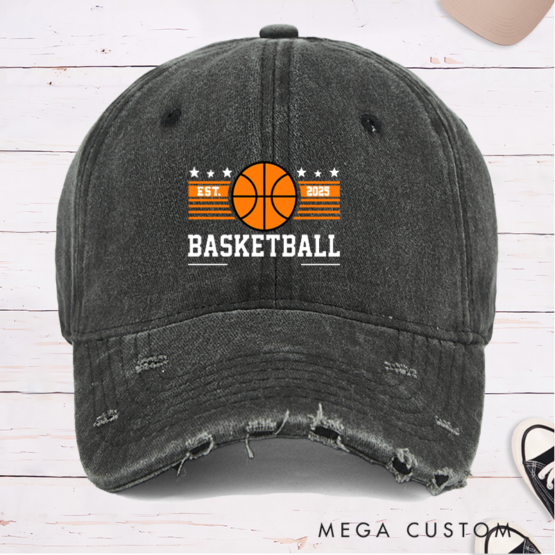 Personalized Distressed Denim Basketball Cap with Custom Team Name and Year Design