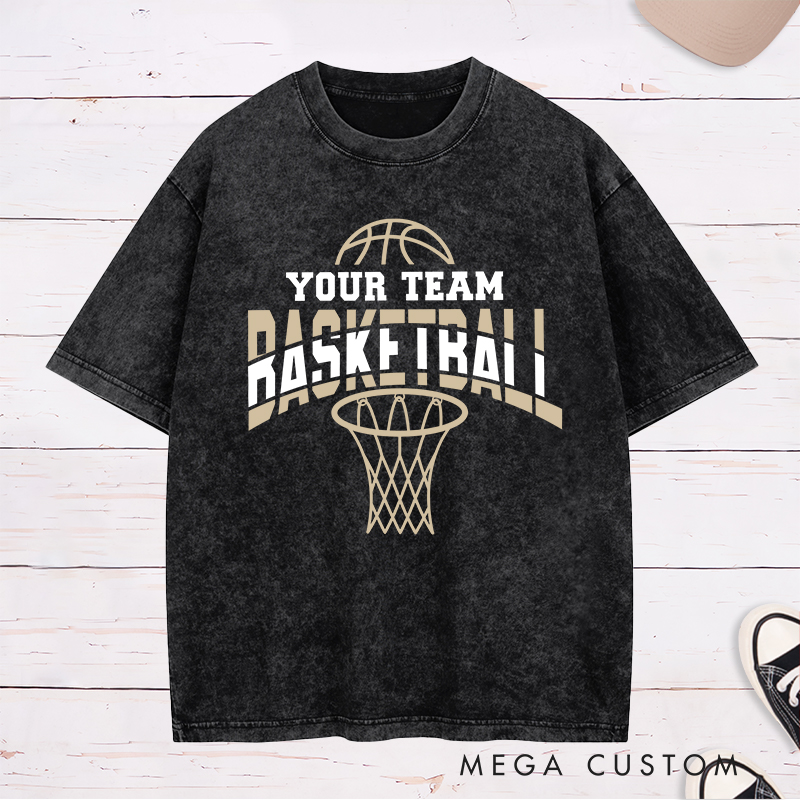 Personalized Washed T-Shirt Design Featuring Dynamic Basketball Graphics with Customizable Team Name