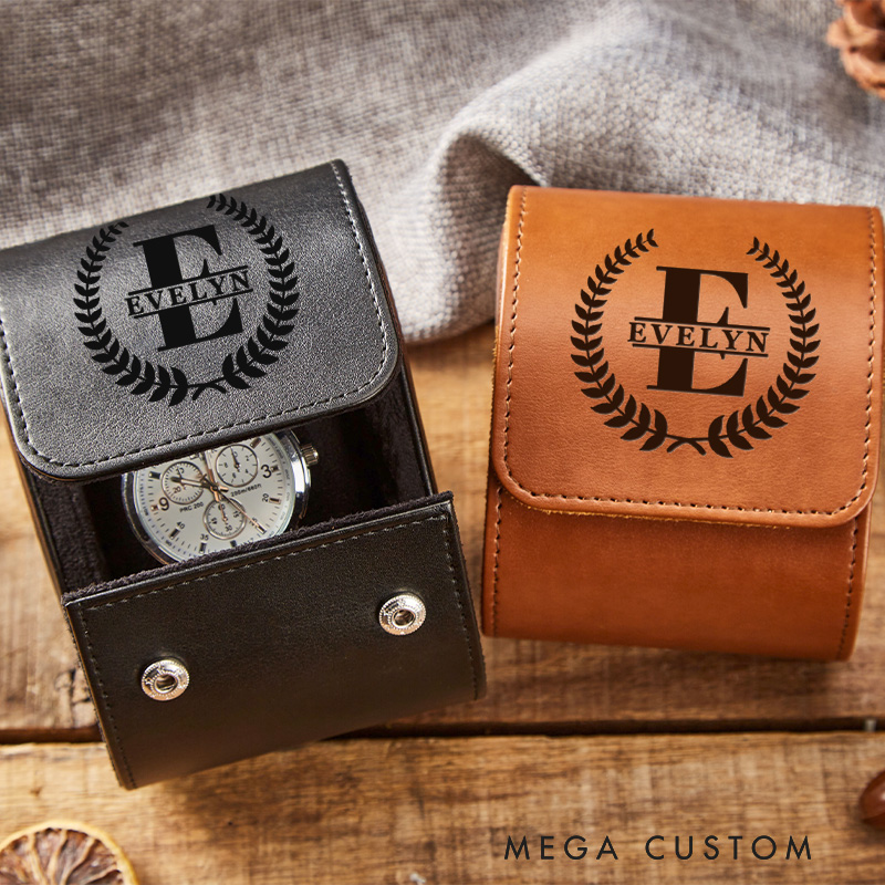 Personalized Laurel Branches with Initials Wedding Engagement Men Leather Watch Case