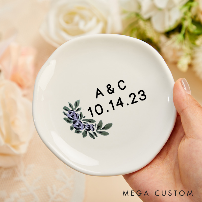 Personalized Elegant Watercolor Purple Floral with Initials Wedding Engagement Irregular Round Ring Dish