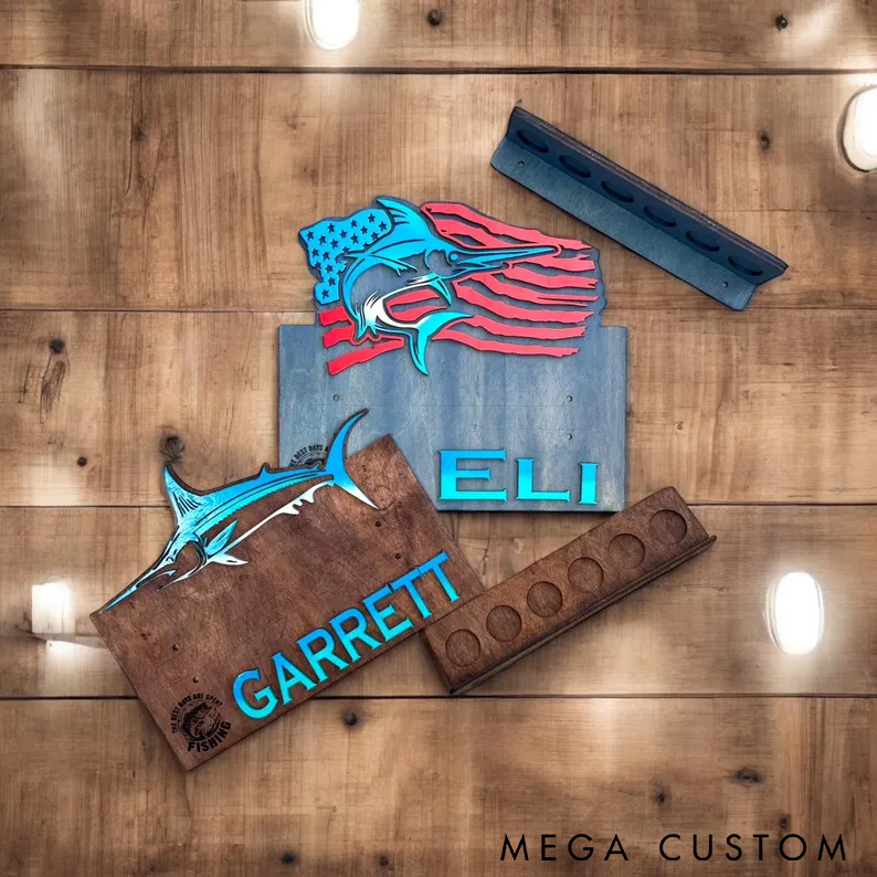 Personalized Fishing Rod Holder Wall Mount Custom Name Wooden Rack with Fish Design Perfect for Organizing Gear and Fishing Enthusiast Gifts