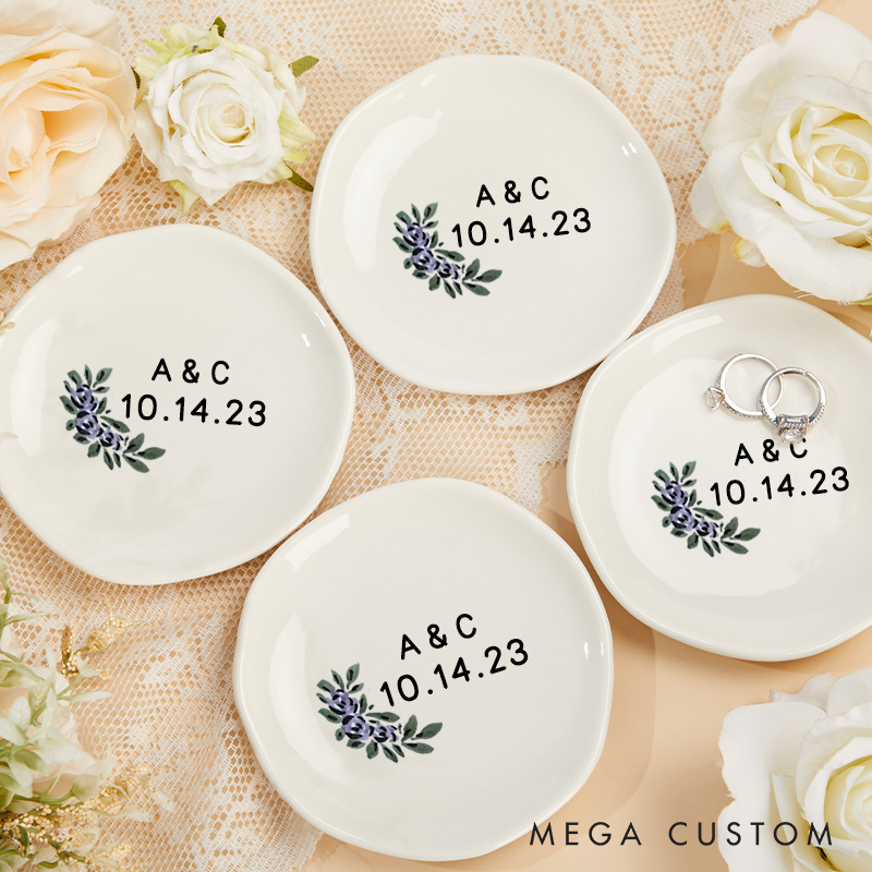 Personalized Elegant Watercolor Purple Floral with Initials Wedding Engagement Irregular Round Ring Dish