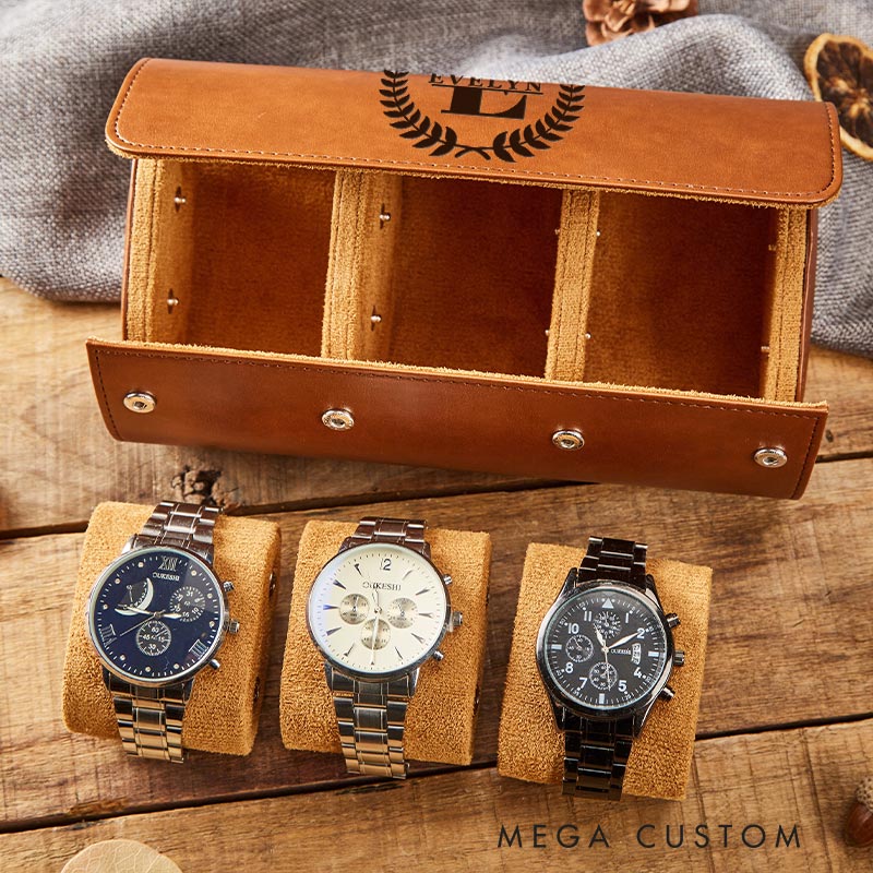 Personalized Laurel Branches with Initials Wedding Engagement Men Leather Watch Case