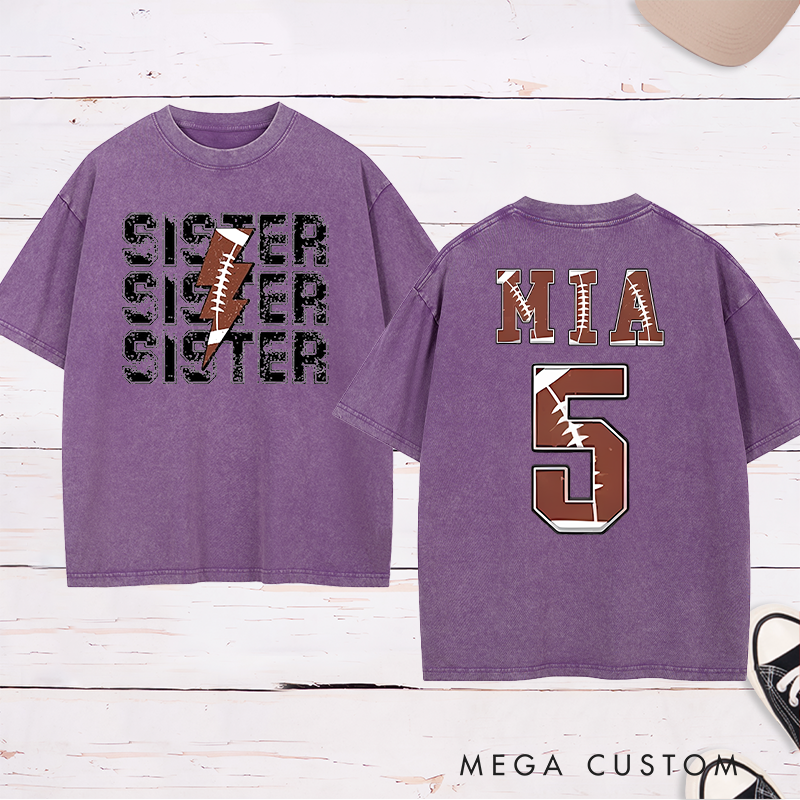 Personalized American Football and Rugby Sister Washed T-Shirts with Custom Name and Number