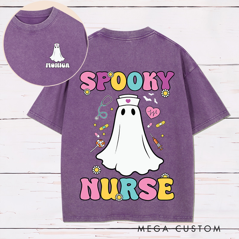 Personalized Nurse Two Sides Printed Washed T-Shirt Customized Spooky Nurse Design Washed T-Shirt 