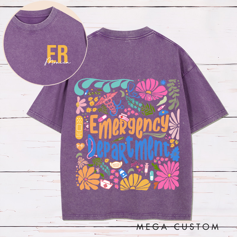 Personalized Two Sides Printed Washed T-Shirt Customized Emergency Department Vibrant Floral Design Washed T-Shirt 