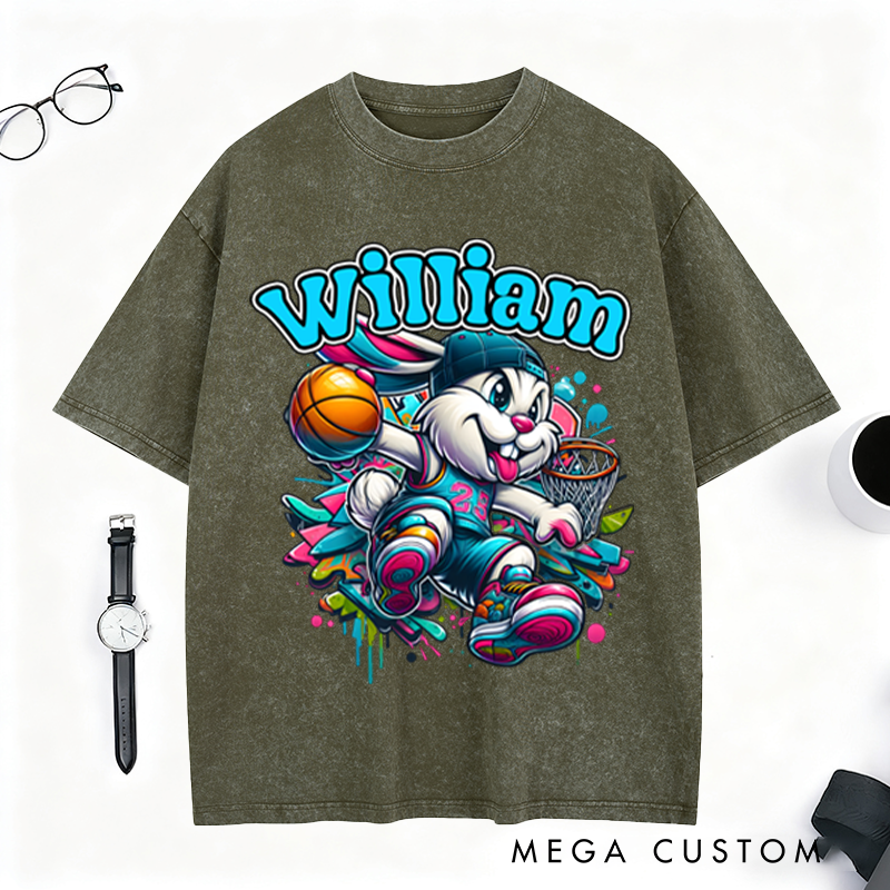 Personalized Easter Basketball Washed T-Shirt with Custom Name Design