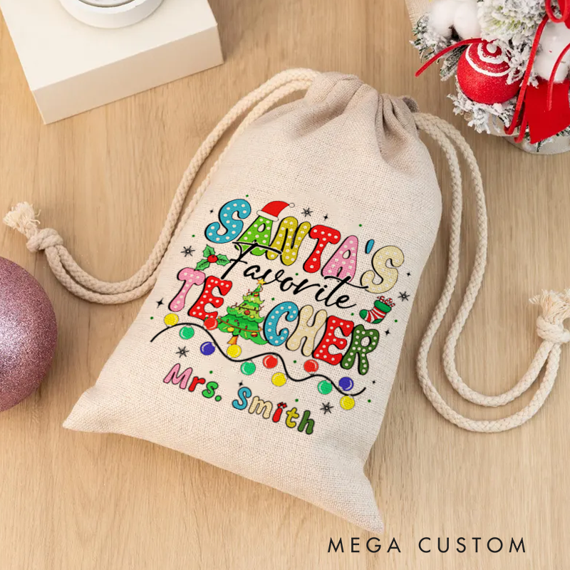 Personalised Christmas Santa Sack for Teachers Custom Cute Santa's Favorite Teacher Design Sack Christmas Gift