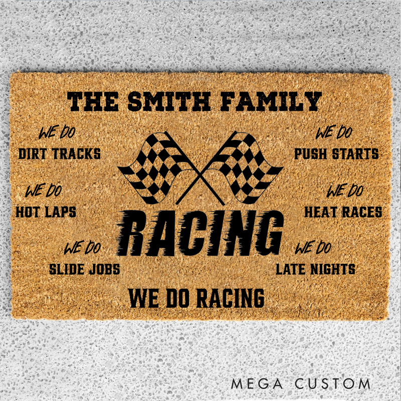 Personalized Doormat with We Do Racing Design for Racers and Racing Lovers