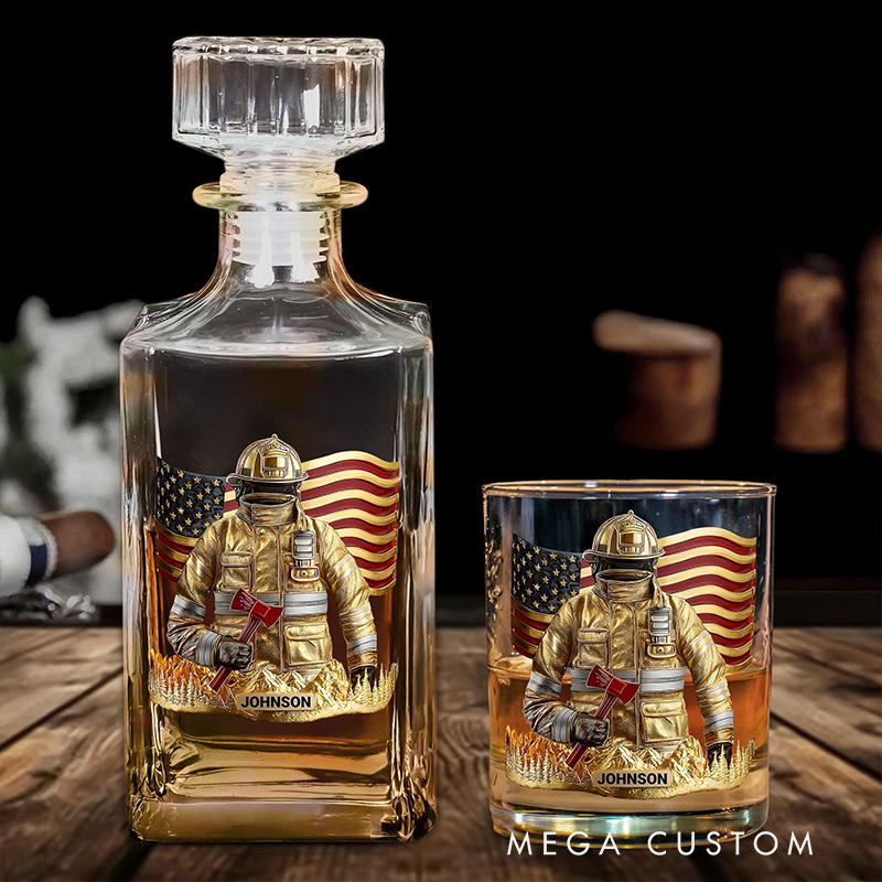 Personalized Firefighter Themed Whiskey Decanter Set Custom Name Gift for Fire Dept