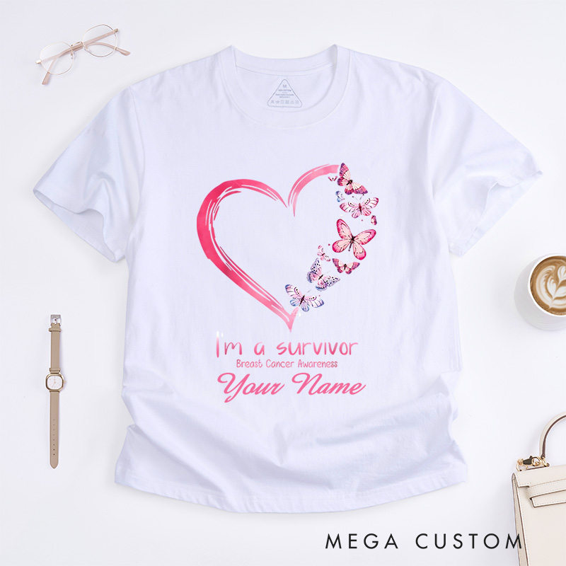 Personalized I Am A Survivor Breast Cancer Awareness Heart And Butterfly Support T-Shirt  
