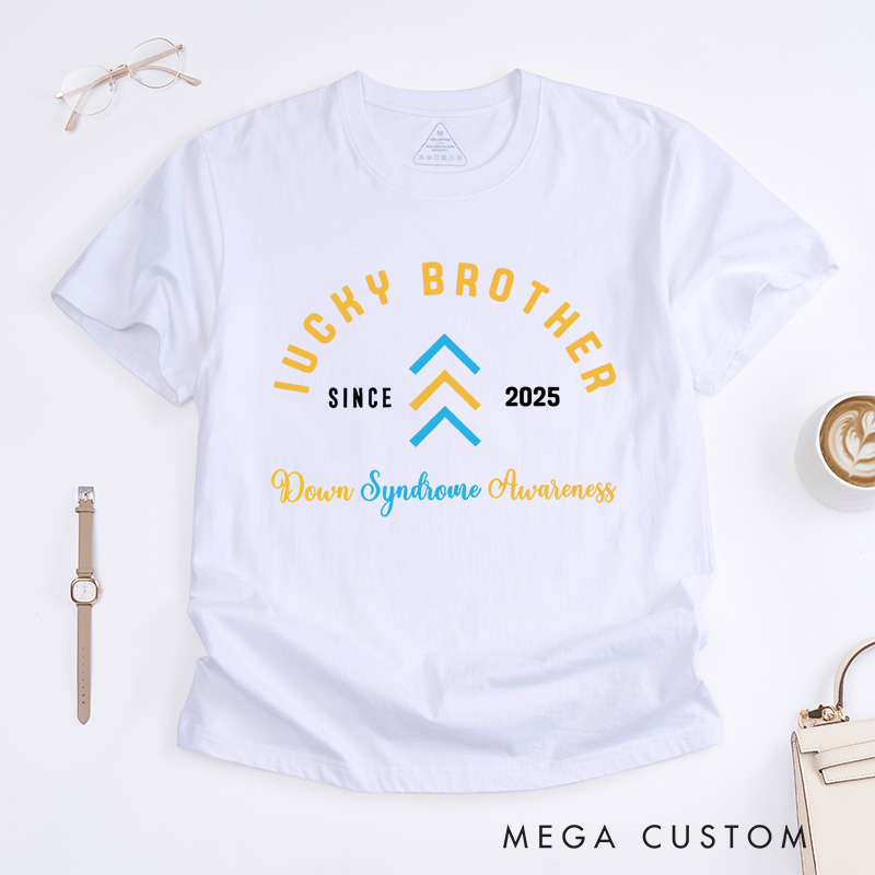 Personalized Lucky Brother Arrows and Text Design Supporting Down Syndrome Awareness and Love T-shirt