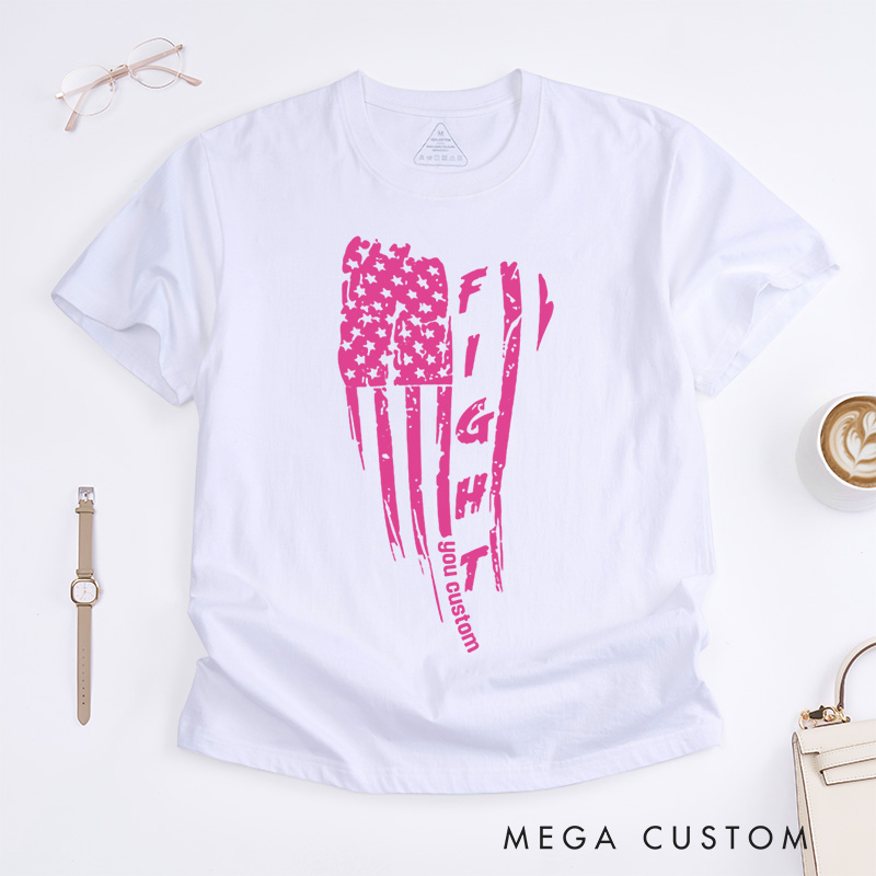 Personalized Fight American Flag Breast Cancer Ribbon Design Supporting Strength and Resilience T-shirt