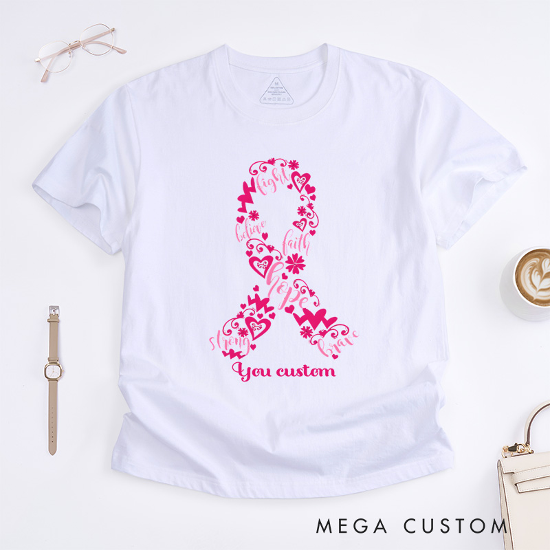 Personalized Floral Pink Ribbon Breast Cancer Awareness Elegant and Supportive T-shirt