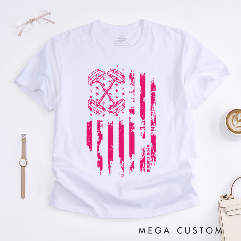 Personalized Pink Ribbon American Flag Design Supporting Breast Cancer Awareness T-shirt