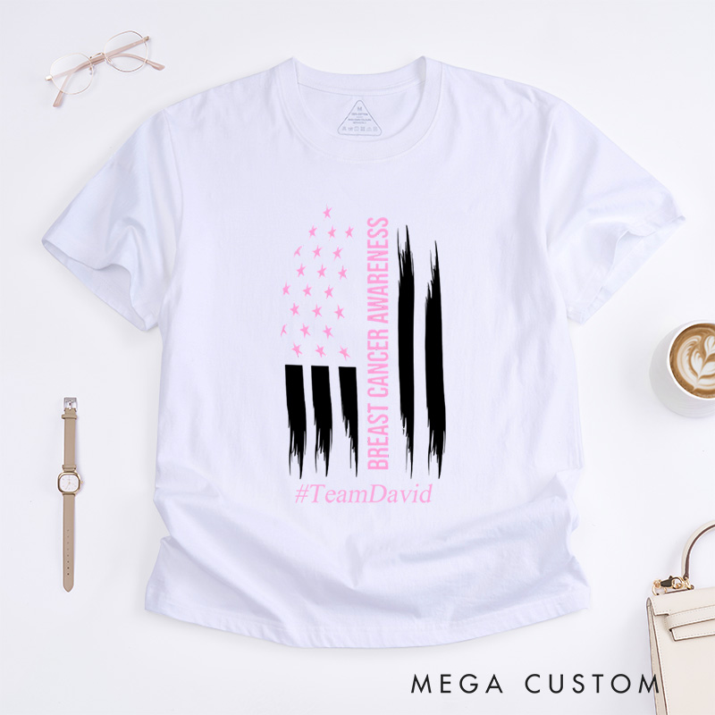 Personalized Breast Cancer Awareness American Flag Pink Ribbon Support Advocacy T-Shirt  