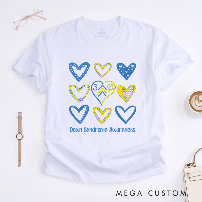 Personalized Down Syndrome Awareness Heart Pattern Support Inclusion Advocacy T-shirt