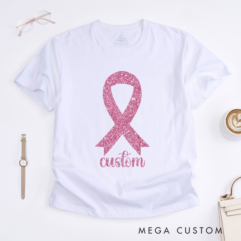 Personalized Pink Glitter Ribbon Breast Cancer T-Shirts Cancer Survivor Gift