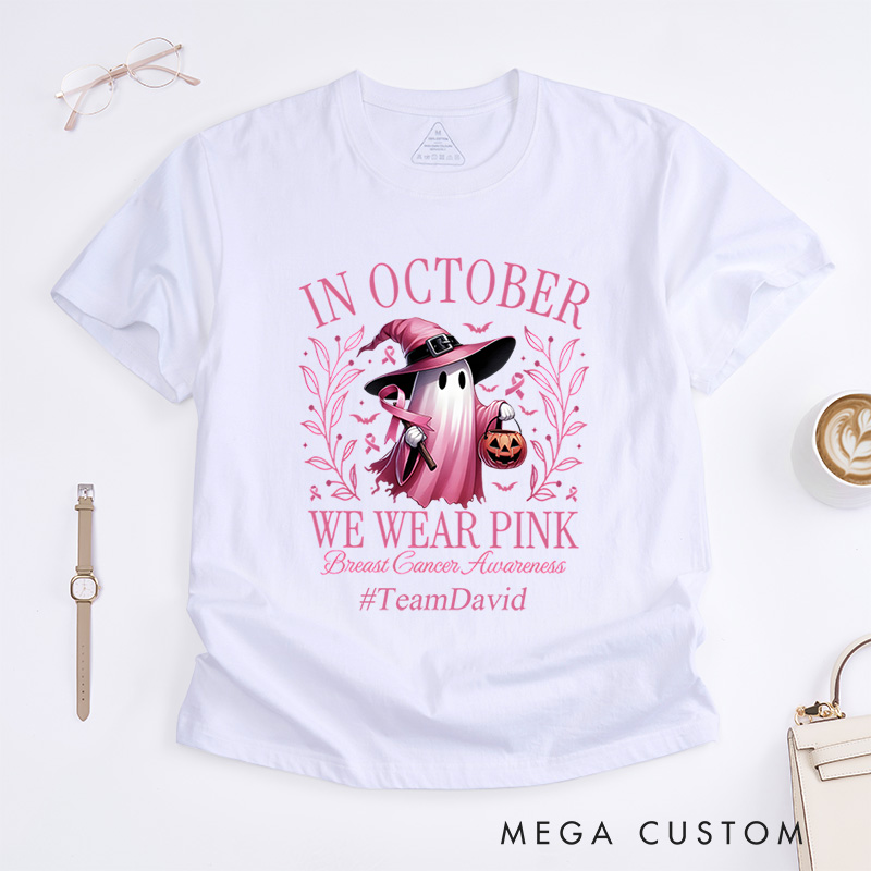Personalized In October We Wear Pink Breast Cancer Awareness Halloween Support T-Shirt  
