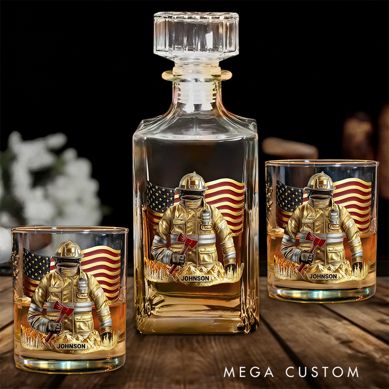 Personalized Firefighter Themed Whiskey Decanter Set Custom Name Gift for Fire Dept