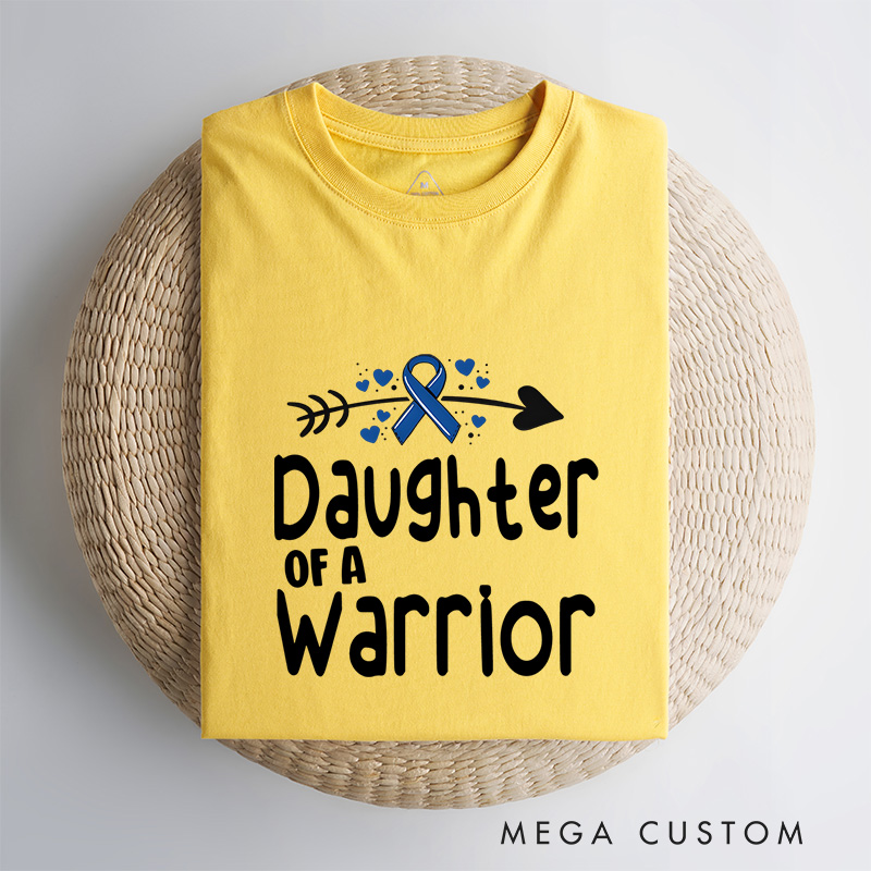 "Daughter of a Warrior" T-shirt celebrating resilience and strength with a ribbon and arrow Colon Cancer.
