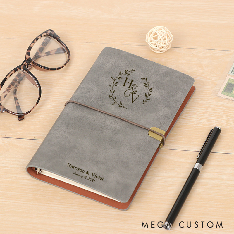 Personalized Laurel Branches with Initials and Date Wedding Couple A6 Leather Journals