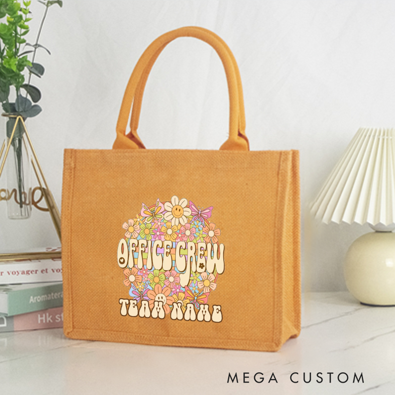 Personalized Office Crew Burlap Tote Bag with Floral Design Perfect Gift for Coworkers or Employees