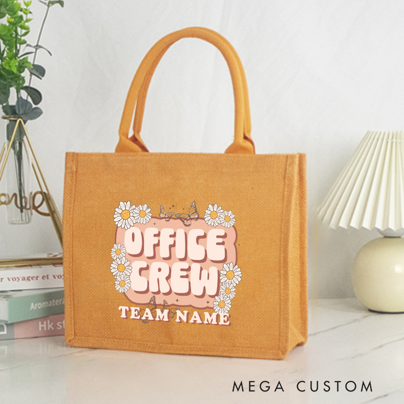 Personalized Office Crew Burlap Tote Bag with Daisy Floral Design Perfect Gift for Coworkers or Friends