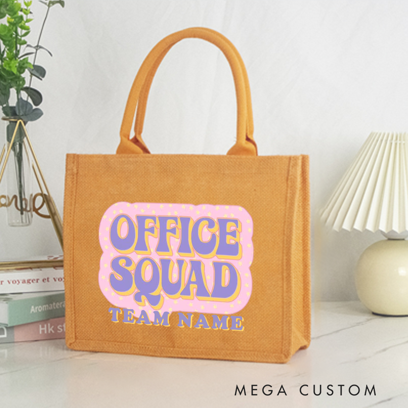 Personalized Office Squad Burlap Tote Bag with Pastel Bubble Letter Design Perfect Gift for Coworkers or Friends