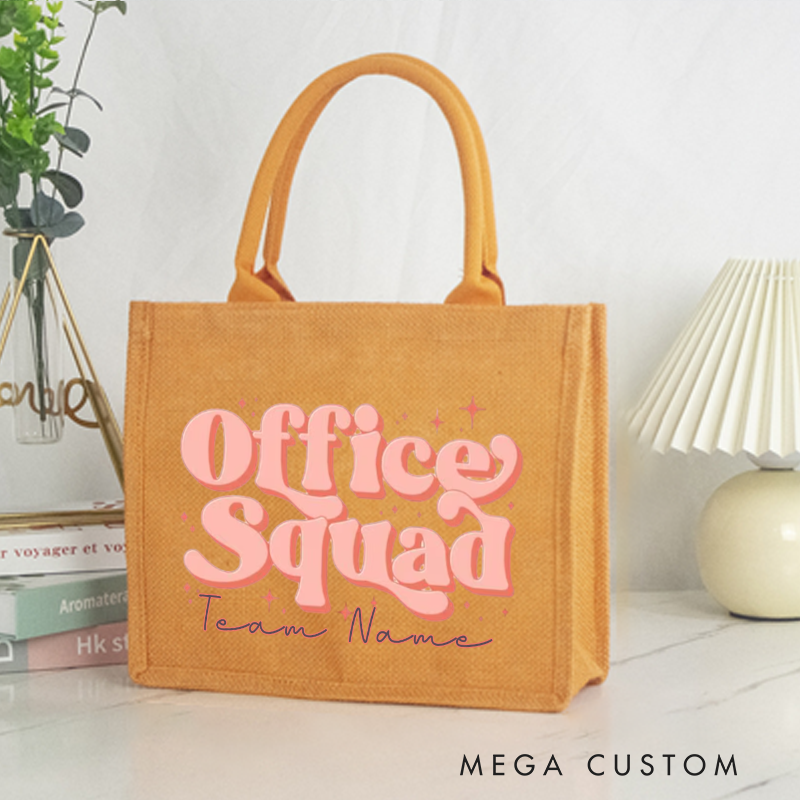 Personalized Office Squad Burlap Tote Bag with Retro Font and Star Accents Perfect Gift for Coworkers or Friends