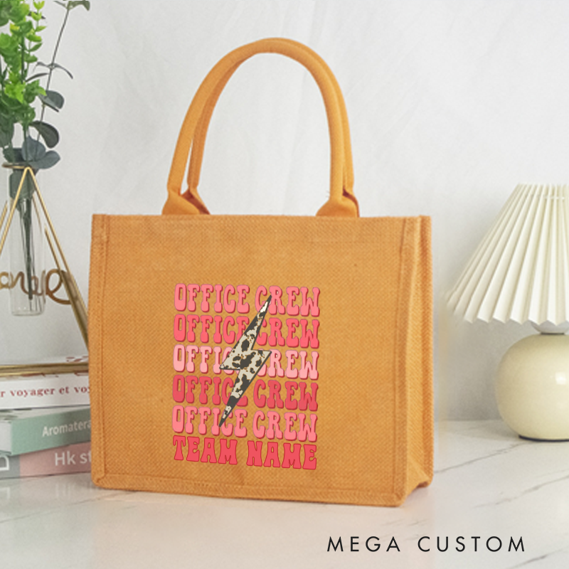 Personalized Office Crew Burlap Tote Bag with Repeated Text and Leopard Print Accent Perfect Gift for Coworkers or Friends