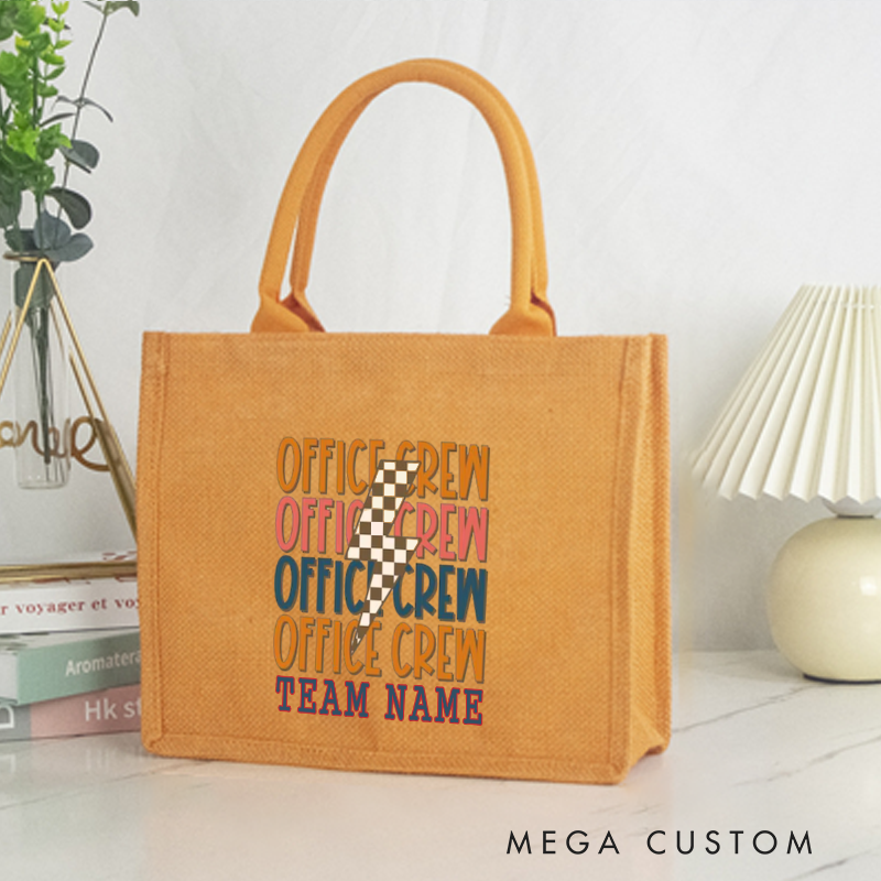 Personalized Office Crew Burlap Tote Bag with Gradient Text and Checkerboard Accent Perfect Gift for Coworkers or Friends