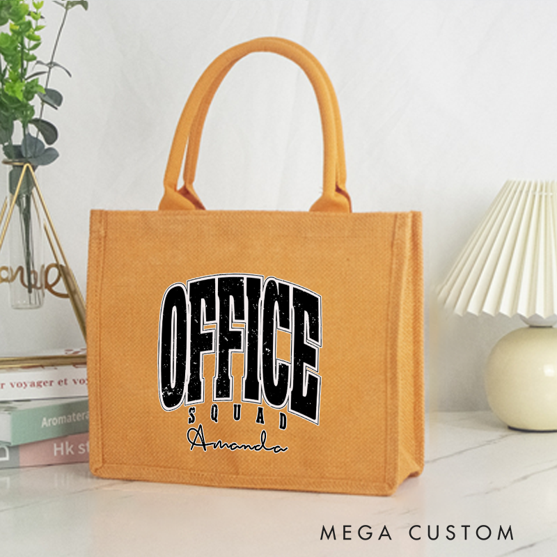 Personalized Office Squad Burlap Tote Bag with Bold Black Text and Custom Name Perfect Gift for Coworkers or Friends