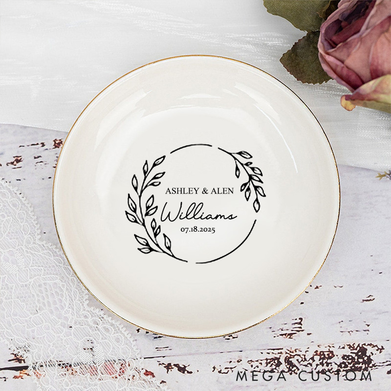 Personalized Elegant Circular Laurel Monogram Wedding Engagement Gold-Trimmed Ring Dishes