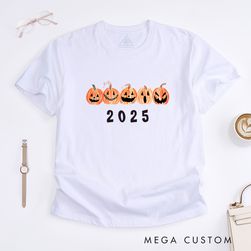 Personalized Row of Jack-O-Lantern Pumpkins Halloween T-Shirt Perfect for Seasonal Festivities T-Shirt