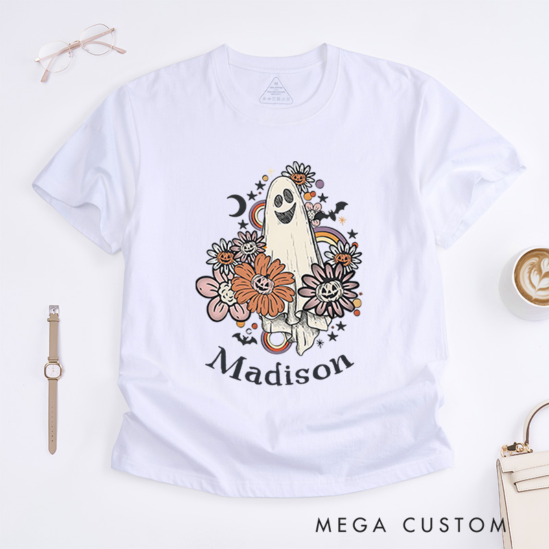 Personalized Floral Ghost Halloween T-Shirt Perfect for Adding Whimsy and Charm to Festive Outfits T-Shirt