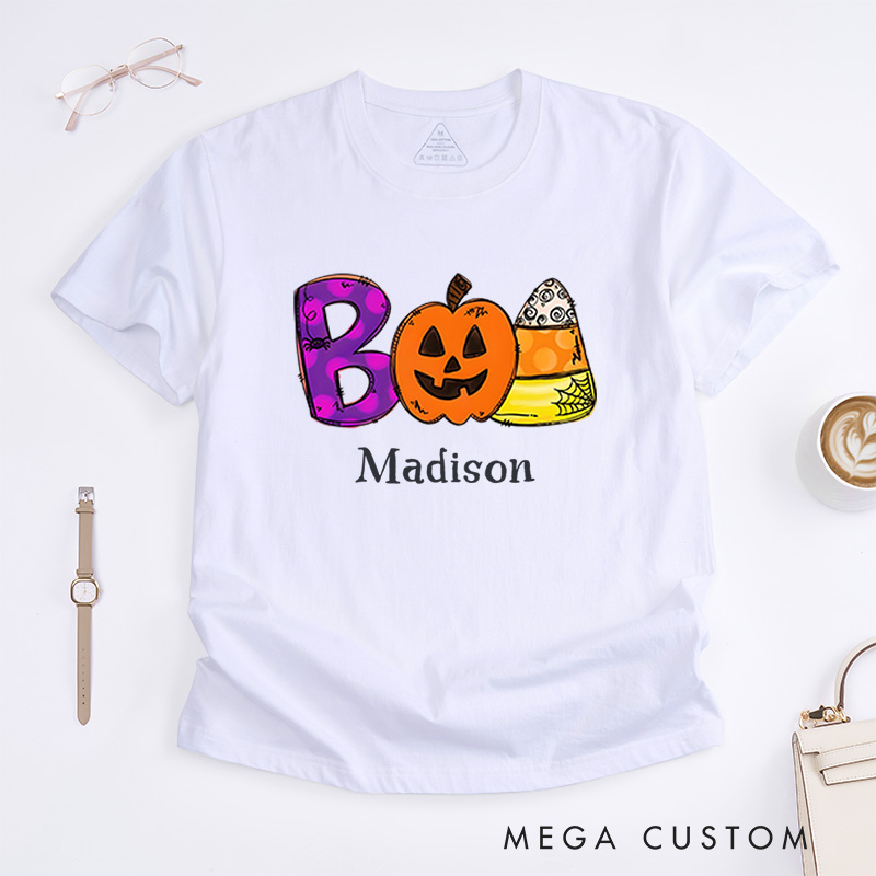 Personalized Boo and Candy Halloween T-Shirt Perfect for Fun and Playful Seasonal Vibes T-Shirt
