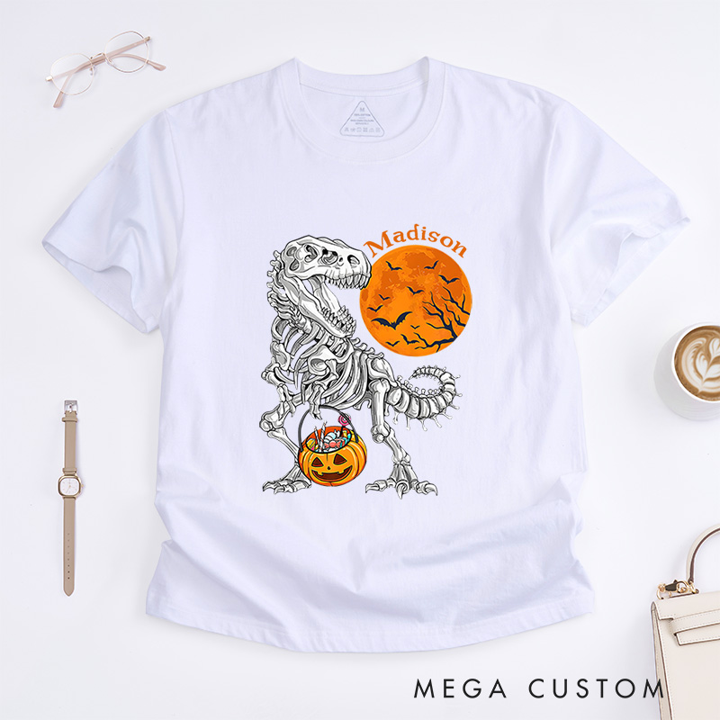 Personalized Dinosaur Skeleton Halloween T-Shirt Perfect for Adding a Unique and Spooky Twist T-Shirt