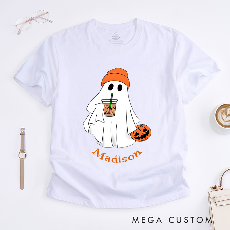 Personalized Ghost with Drink Halloween T-Shirt Perfect for Adding Humor and Charm to Festive Outfits T-Shirt