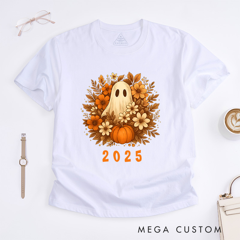 Personalized Ghost with Floral Wreath Halloween T-Shirt Perfect for Adding Elegance to Festive Outfits T-Shirt