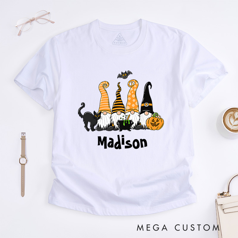 Personalized Halloween Gnomes and Pumpkins T-Shirt Perfect for Fun and Festive Seasonal Celebrations T-Shirt