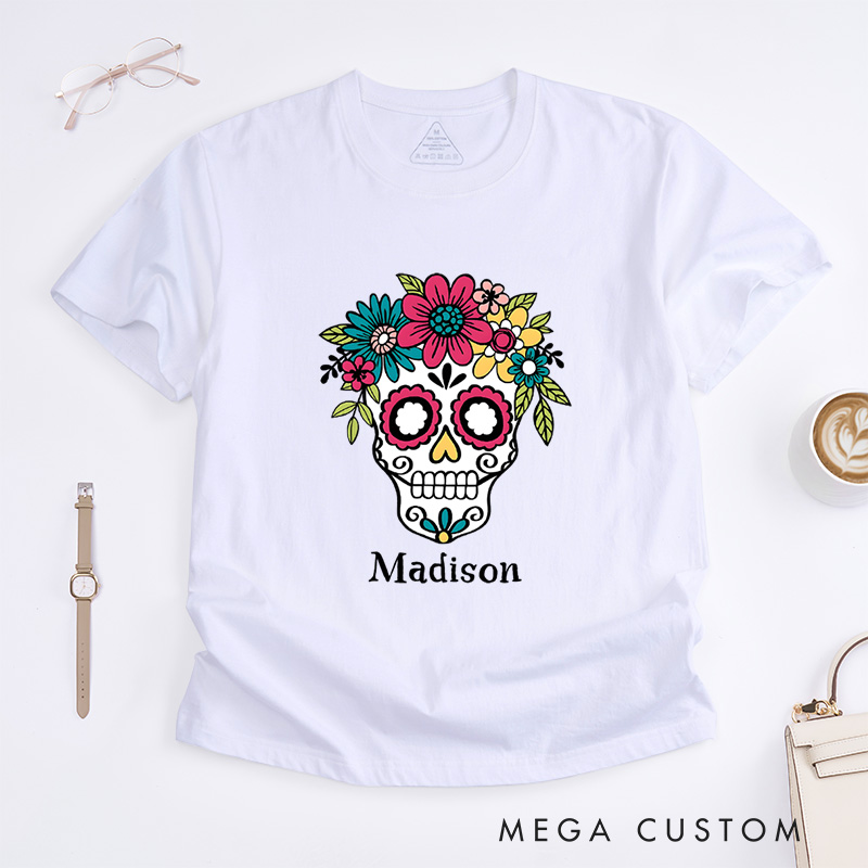 Personalized Sugar Skull Halloween T-Shirt Perfect for Adding a Vibrant and Artistic Touch T-Shirt