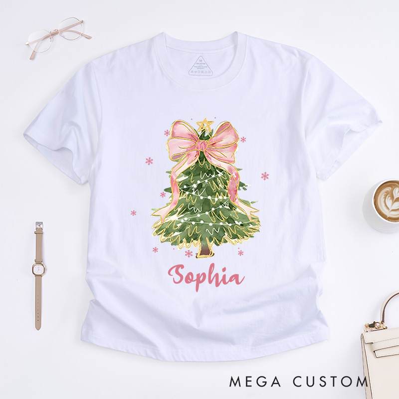 Personalized Christmas Tree with Pink Bow and Lights Christmas T-Shirt