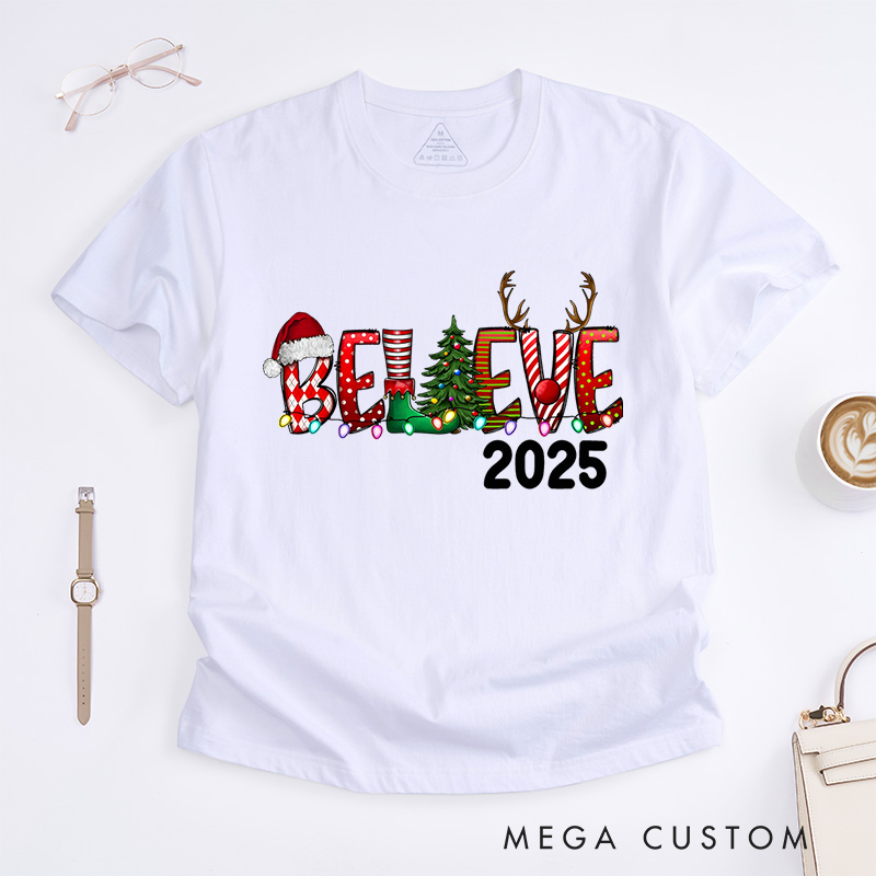 Personalized Believe with Holiday Icons and Reindeer Antlers Christmas T-Shirt