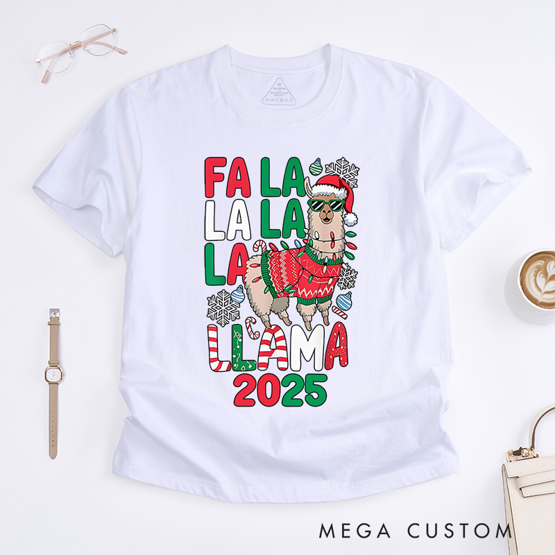Personalized Fa La La Llama with Santa Hat and Scarf Christmas T-Shirt