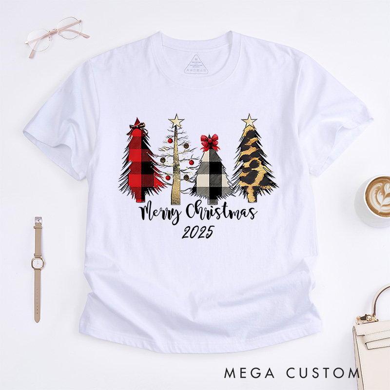 Personalized Plaid and Animal Print Christmas Trees with Bow Christmas T-Shirt