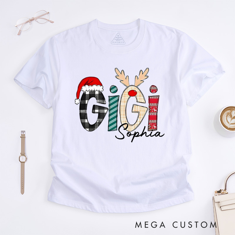 Personalized Gigi with Festive Patterns and Santa Hat Christmas T-Shirt