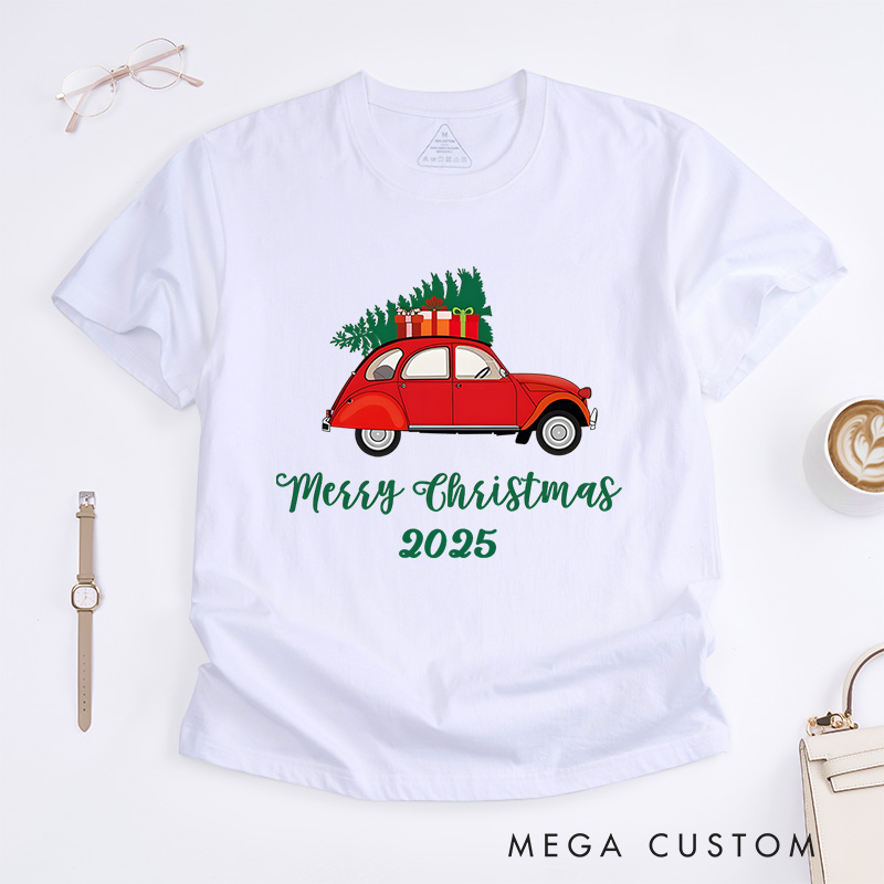 Personalized Red Car Carrying Christmas Tree with Merry Christmas Text Christmas T-Shirt