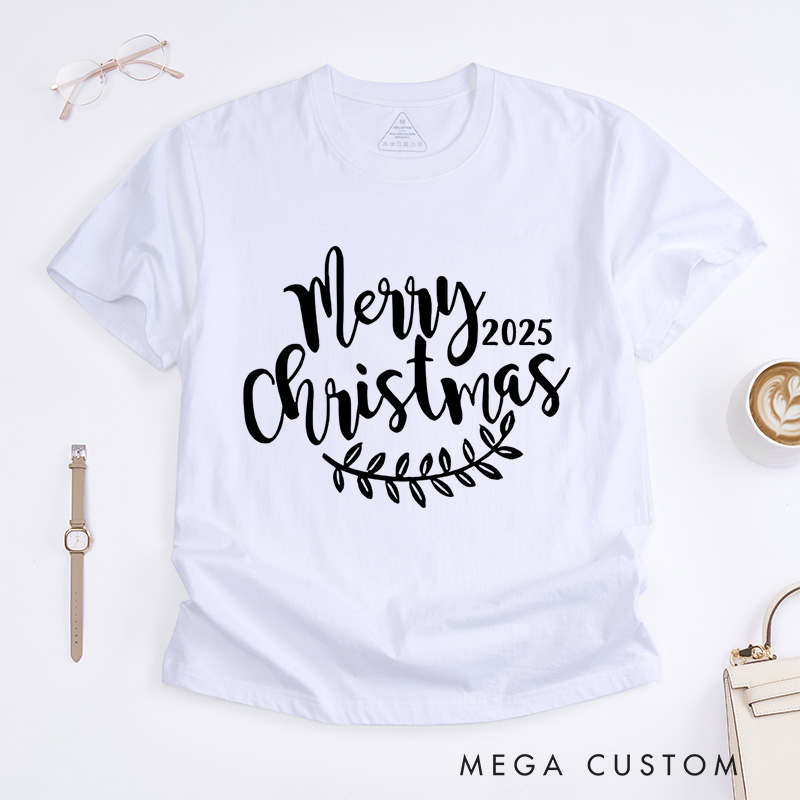 Personalized Merry Christmas Leaf Accent Christmas T-Shirt