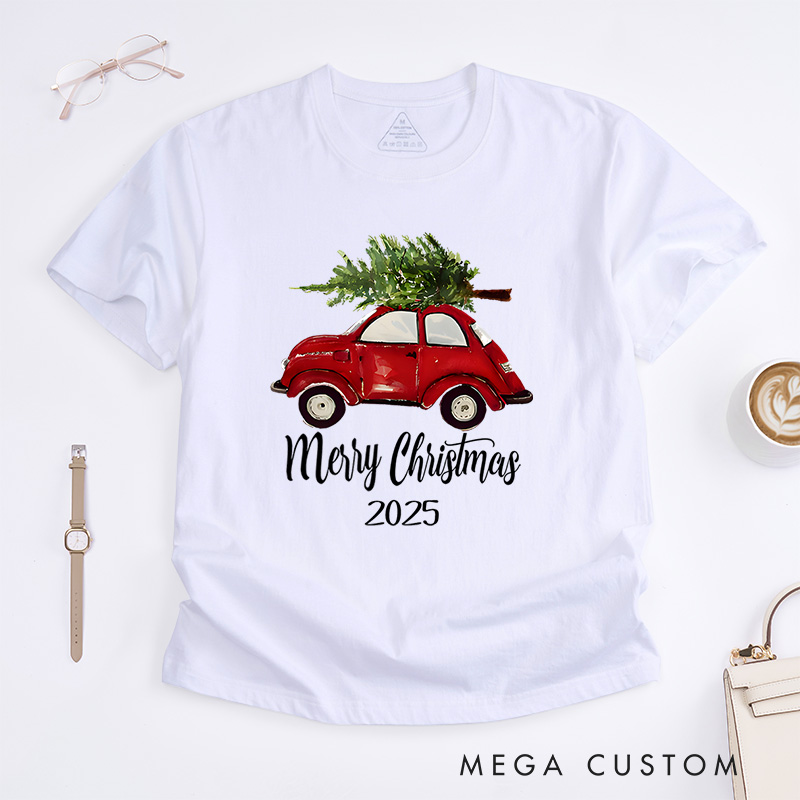 Personalized Vintage Red Car Christmas T-Shirt